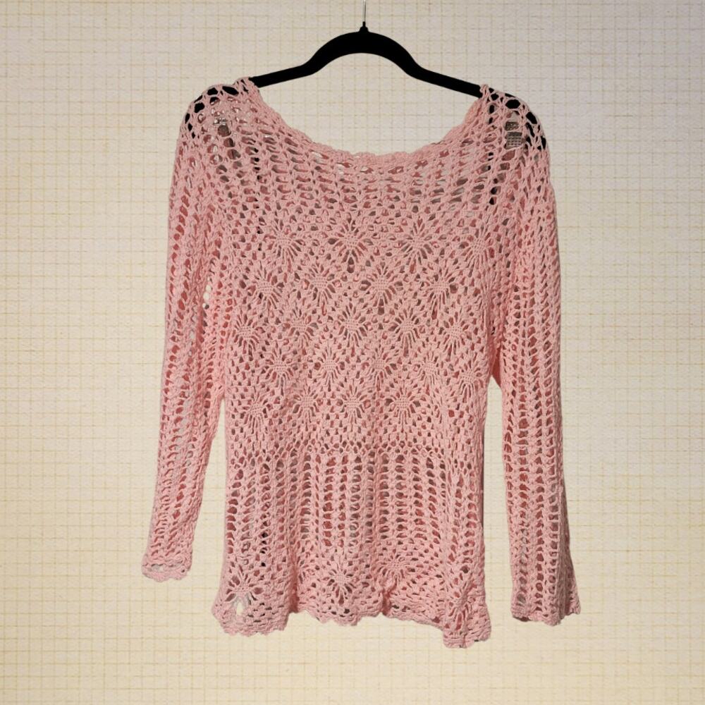y2k Boho Crochet Knit Floral Embellished Pink Long Sleeve Top Large Woman's Bo